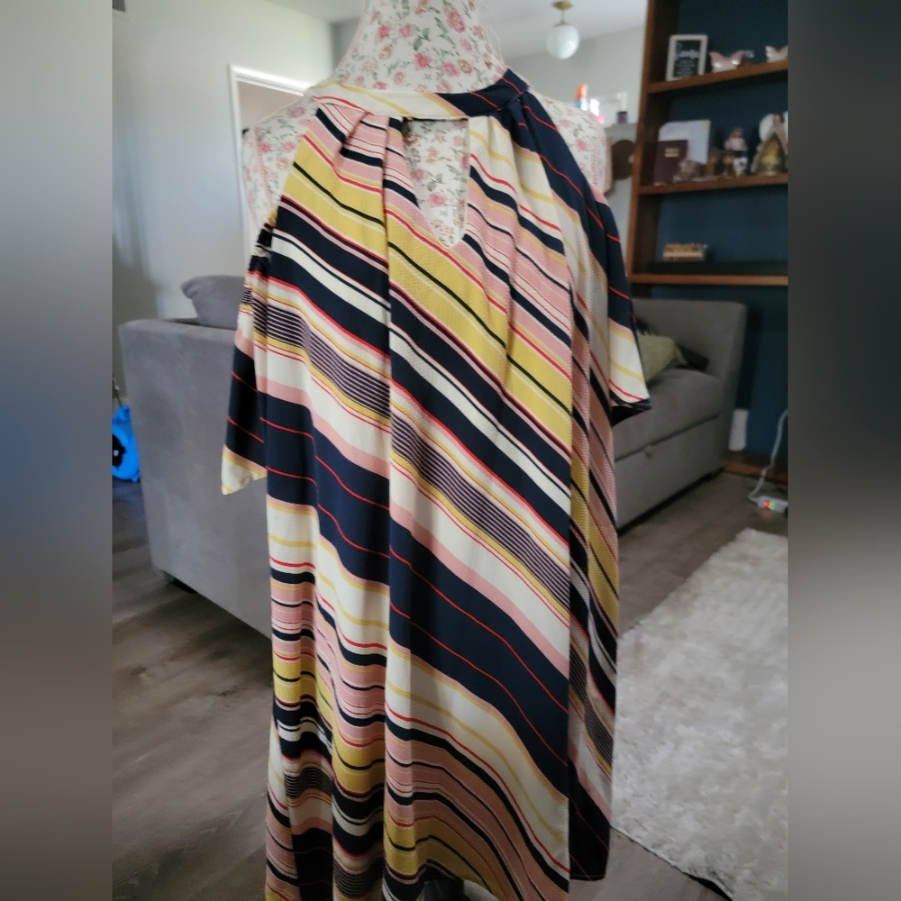 Lily Rose Asymmetrical Striped Dress - Black, Pink, Yellow. Size XL